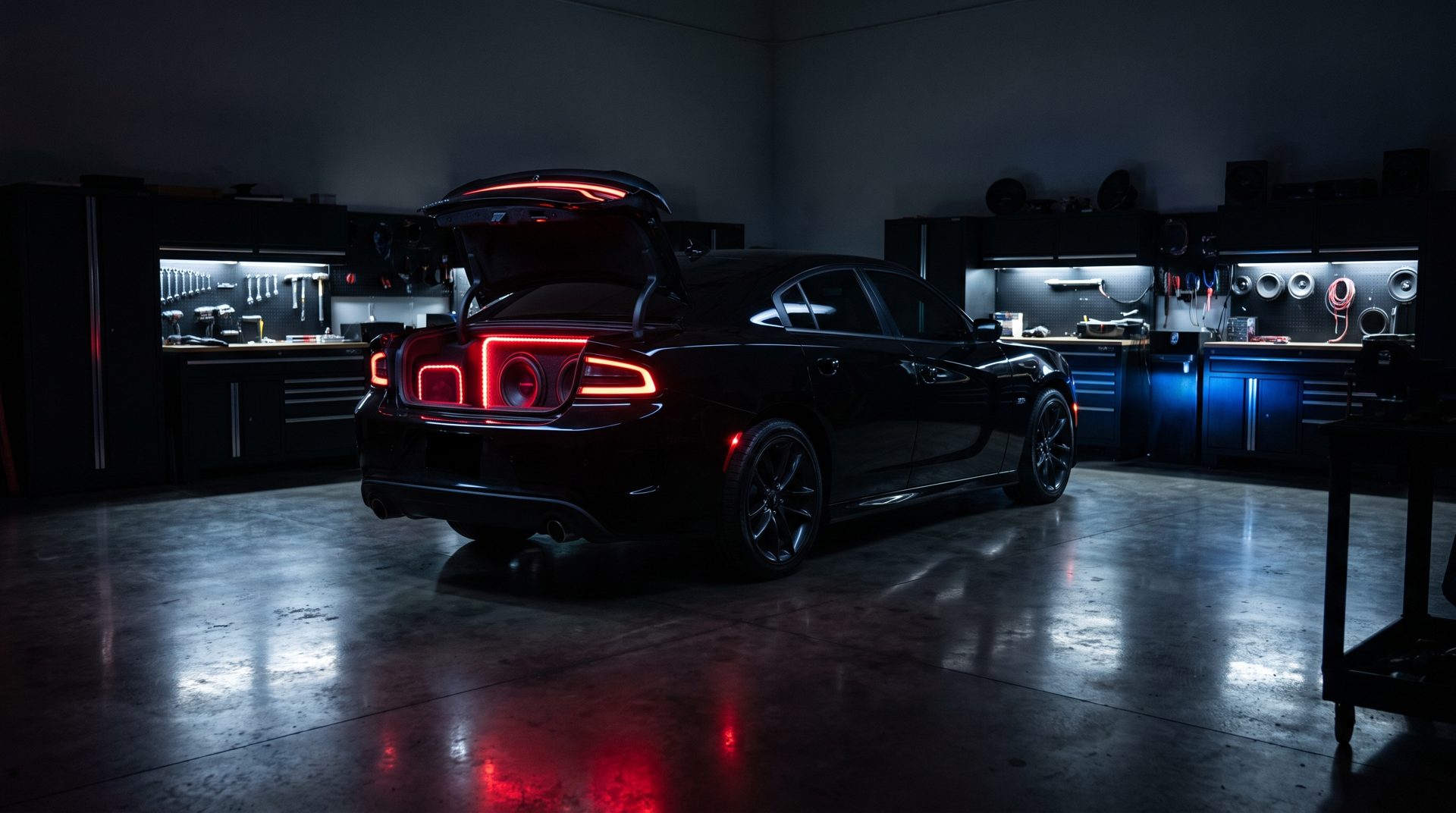 Black muscle sedan with a glowing custom trunk audio build