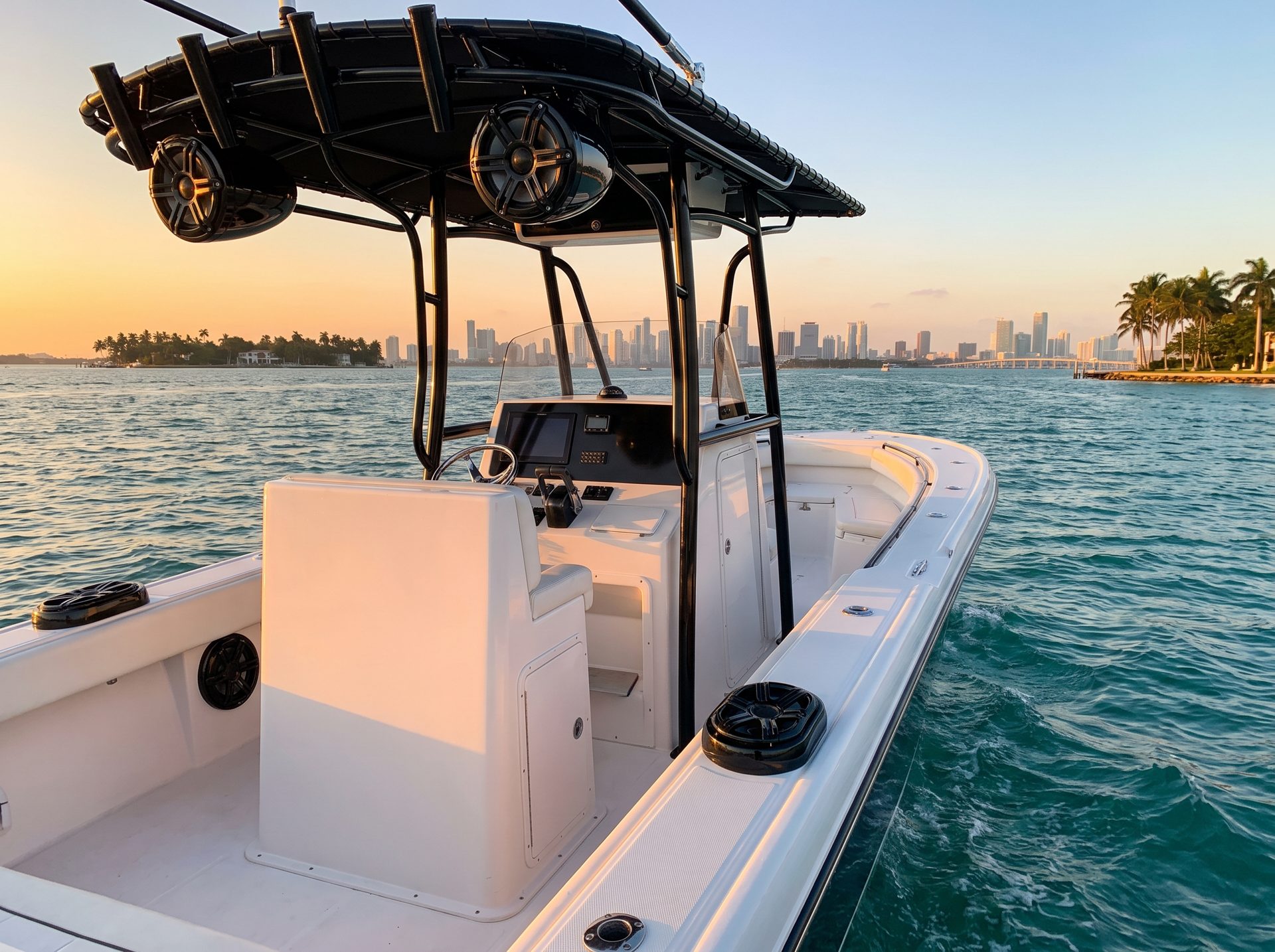 Center-console boat with tower speakers on Biscayne Bay