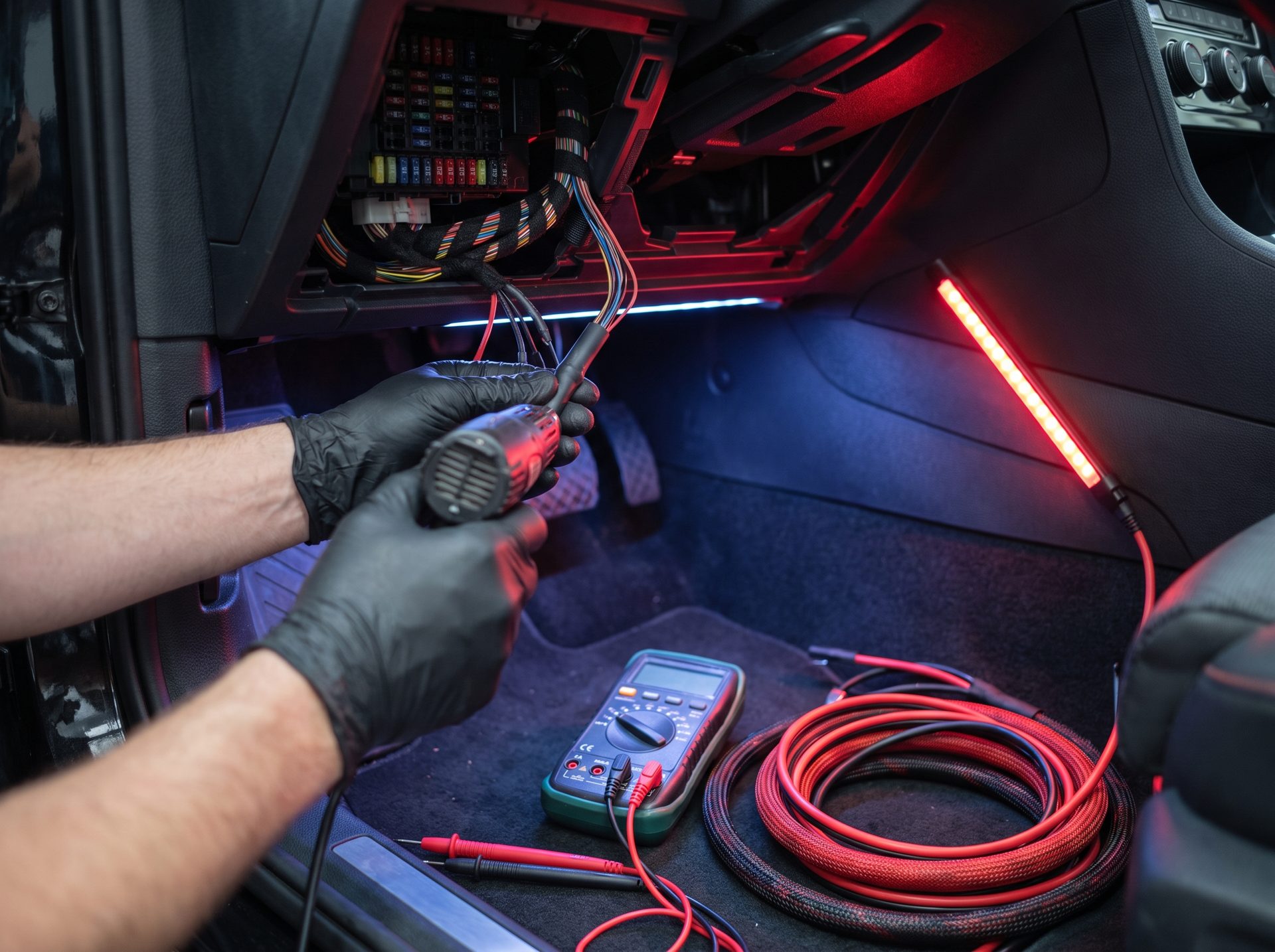 Technician routing a clean wiring harness