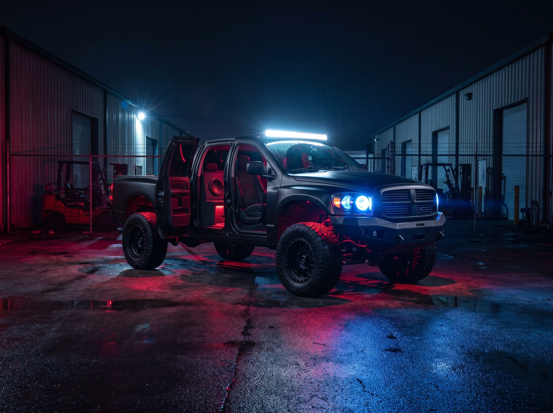 Black pickup truck with an under-seat subwoofer build