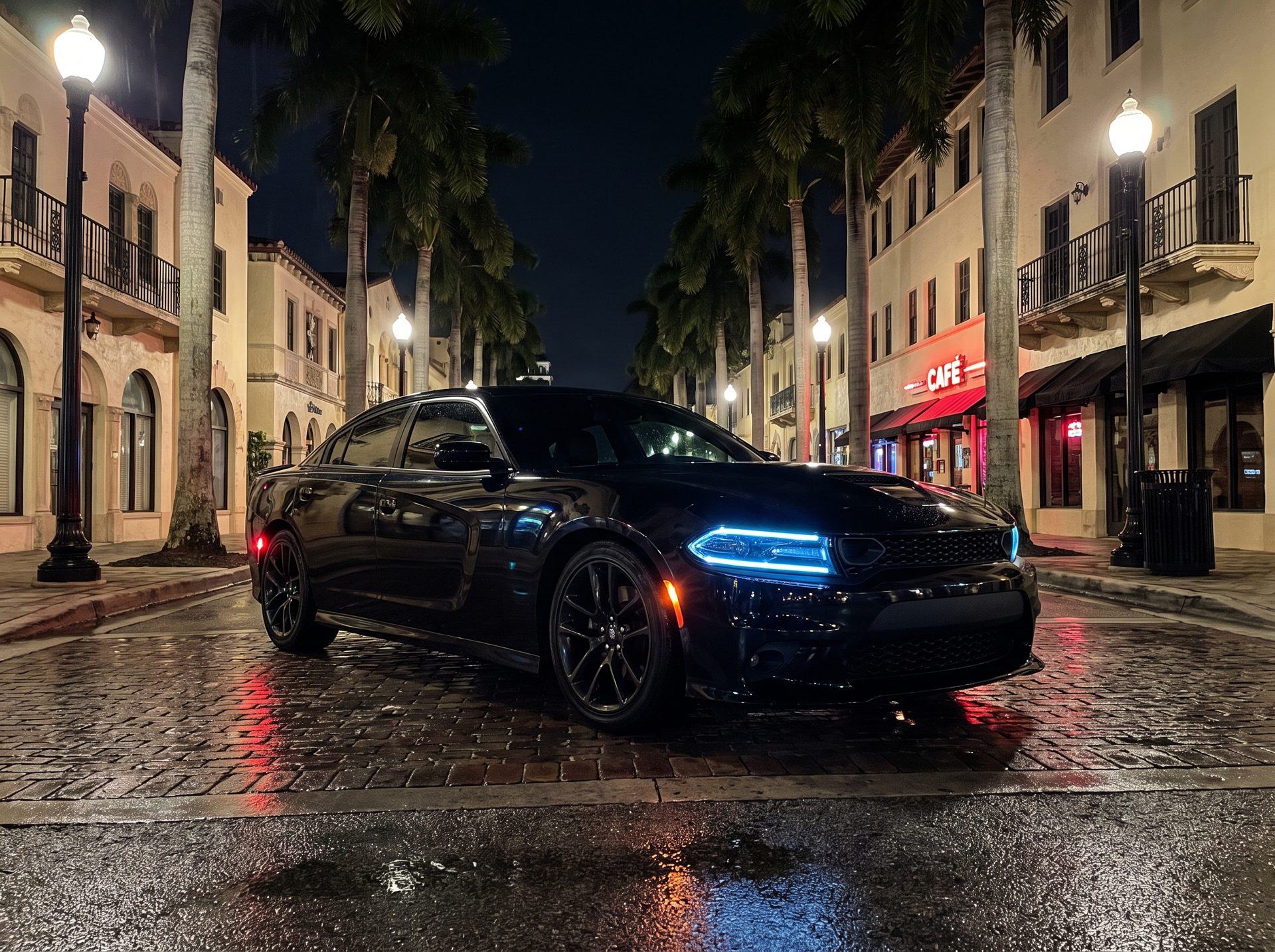 Black sedan at night on a Coral Gables street
